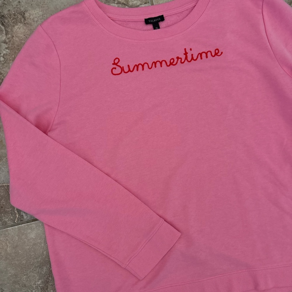 Talbots Women's XL Summertime Embroidered Crewneck Pink Red Sweater Valentines